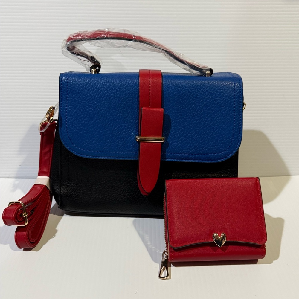 NWT 3pc Vegan Leather Stylish Blue and Red Women's Bag Set with Wallet and Strap